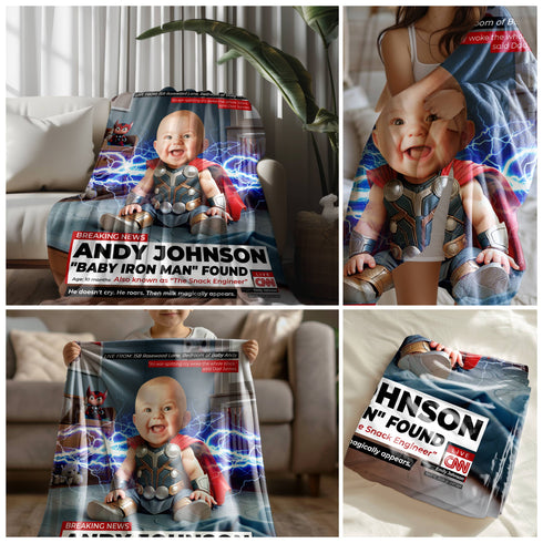 Personalized Baby Superhero Thor Blanket – CNN Breaking News Style with Custom Photo & Name